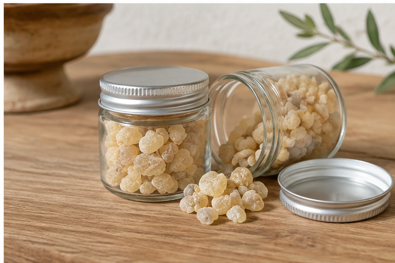 Boswellia frereana resin spilled across a warm editorial surface