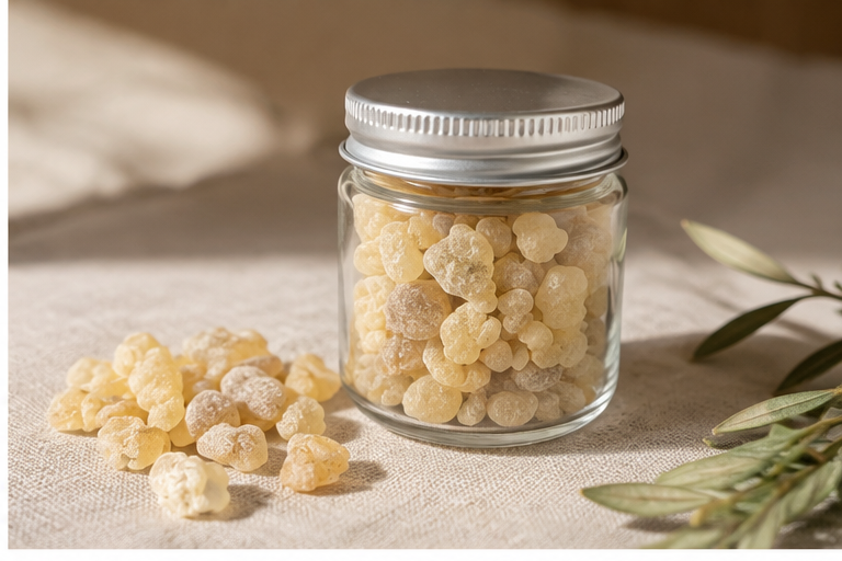 Jar of Maydi resin resting on warm natural linen