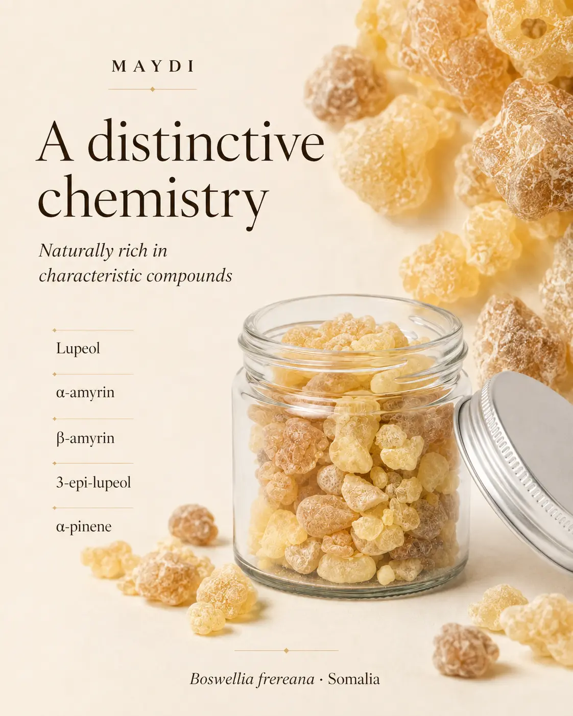 A distinctive chemistry: Boswellia frereana resin, naturally rich in lupeol, α-amyrin, β-amyrin, 3-epi-lupeol and α-pinene